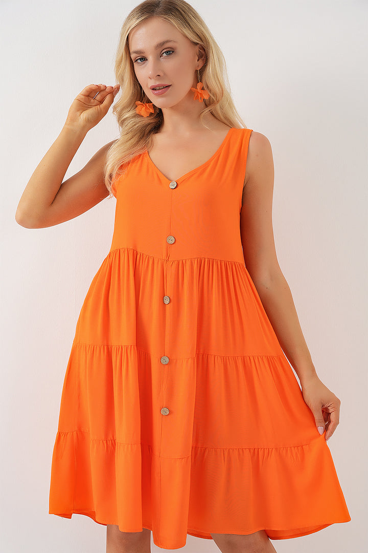 BGD Women Woman Zero Sleeve Buttoned Short Dress 2571 - Orange - Middlesbrough