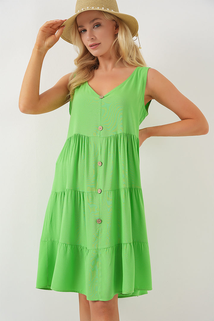 BGD Women Woman Zero Sleeve Buttoned Short Dress 2571 - Green - Linton Hall