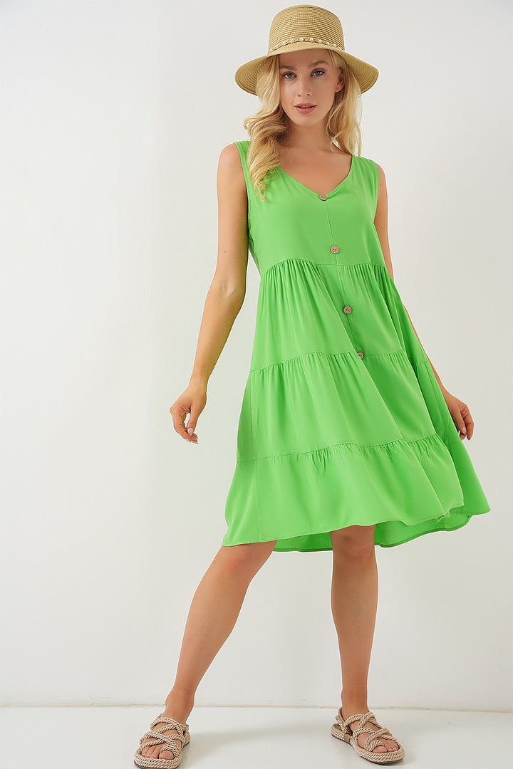 BGD Women Woman Zero Sleeve Buttoned Short Dress 2571 - Green - Linton Hall