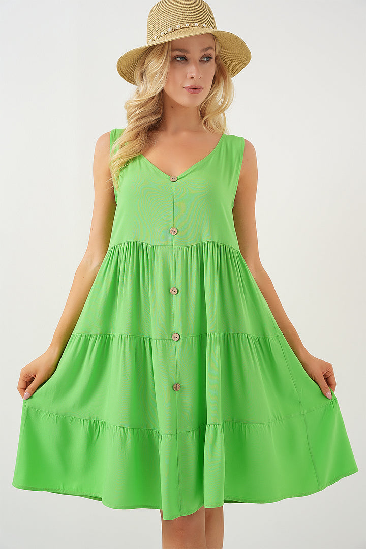 BGD Women Woman Zero Sleeve Buttoned Short Dress 2571 - Green - Linton Hall