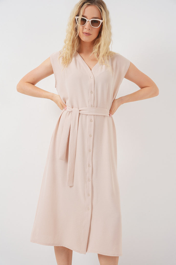 BGD Women Women's Zero Sleeve Belted Ayrobin Dress 2568 - Cream - Grapevine