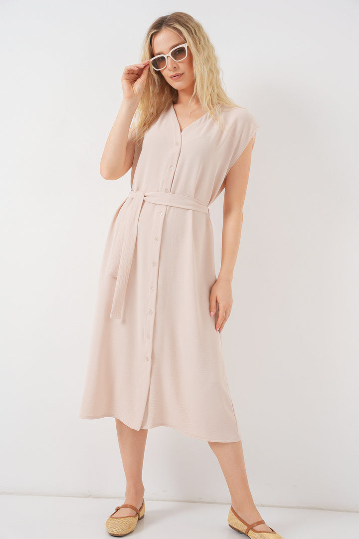 BGD Women Women's Zero Sleeve Belted Ayrobin Dress 2568 - Cream - Grapevine