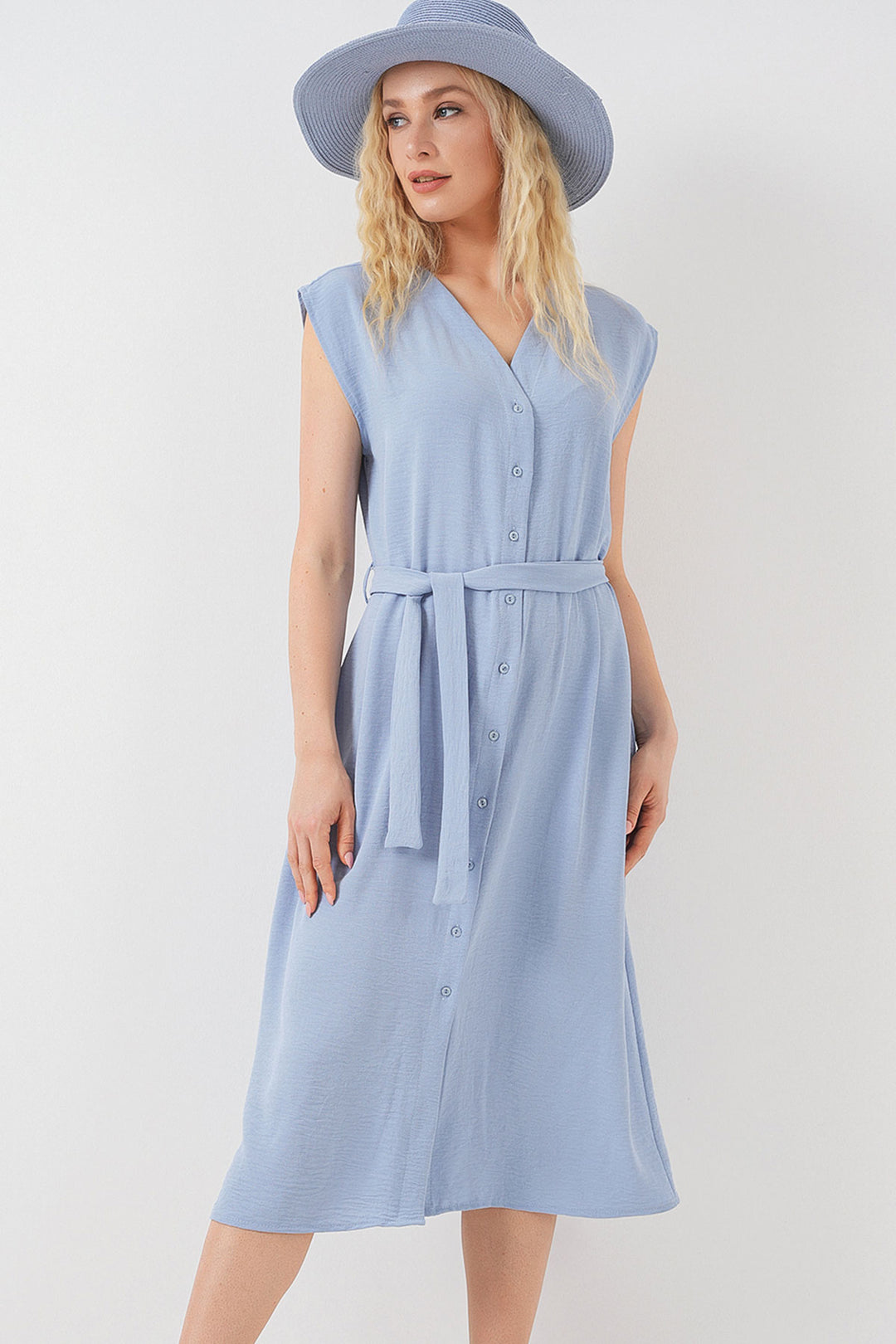 BGD Women Women's Zero Sleeve Belted Ayrobin Dress 2568 - Blue - Torreón