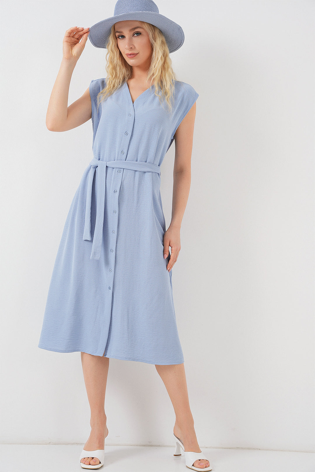 BGD Women Women's Zero Sleeve Belted Ayrobin Dress 2568 - Blue - Torreón