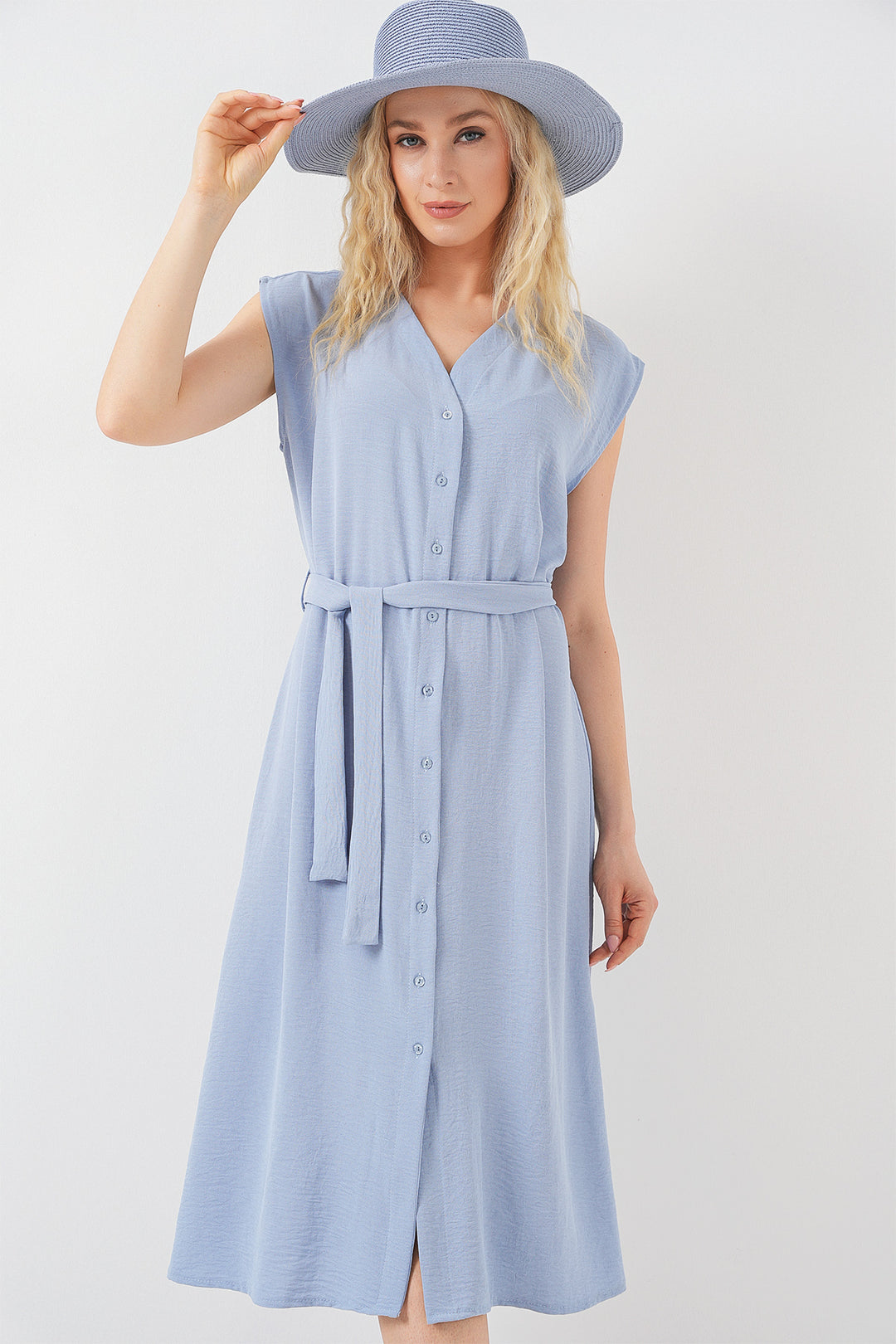 BGD Women Women's Zero Sleeve Belted Ayrobin Dress 2568 - Blue - Torreón