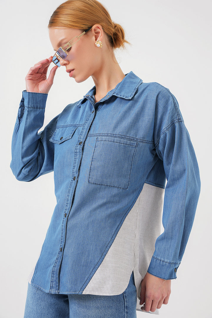 BGD Women Woman Back Detailed Denim Shirt 20305 - Blue - Yorba Linda