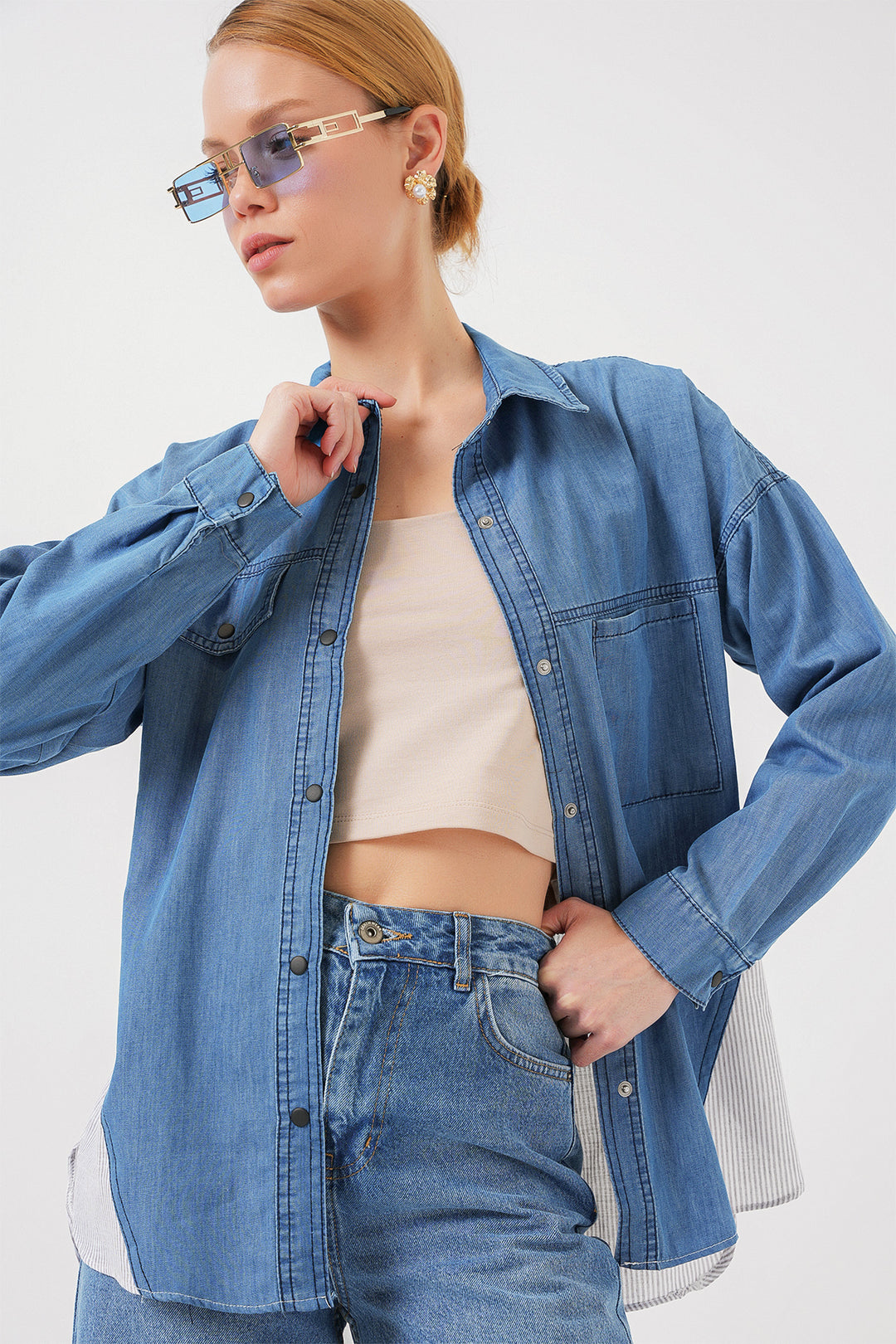 BGD Women Woman Back Detailed Denim Shirt 20305 - Blue - Yorba Linda