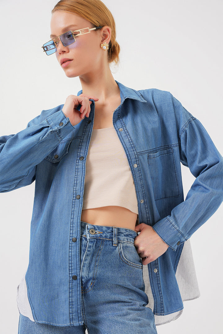 BGD Women Woman Back Detailed Denim Shirt 20305 - Blue - Yorba Linda