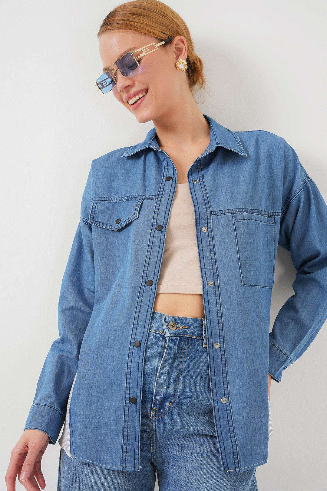 BGD Women Woman Back Detailed Denim Shirt 20305 - Blue - Yorba Linda
