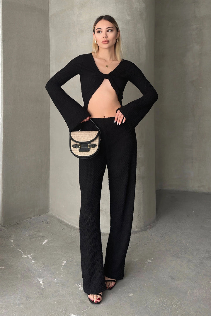 Black Spanish Arm Cold Shoulder Blouse and Palazzo Pants Set BCZK-25SA326-SA353 - Camden