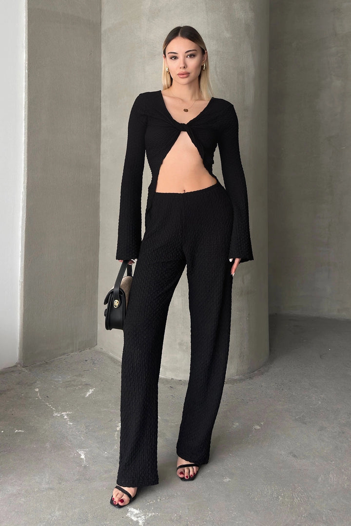 Black Spanish Arm Cold Shoulder Blouse and Palazzo Pants Set BCZK-25SA326-SA353 - Camden