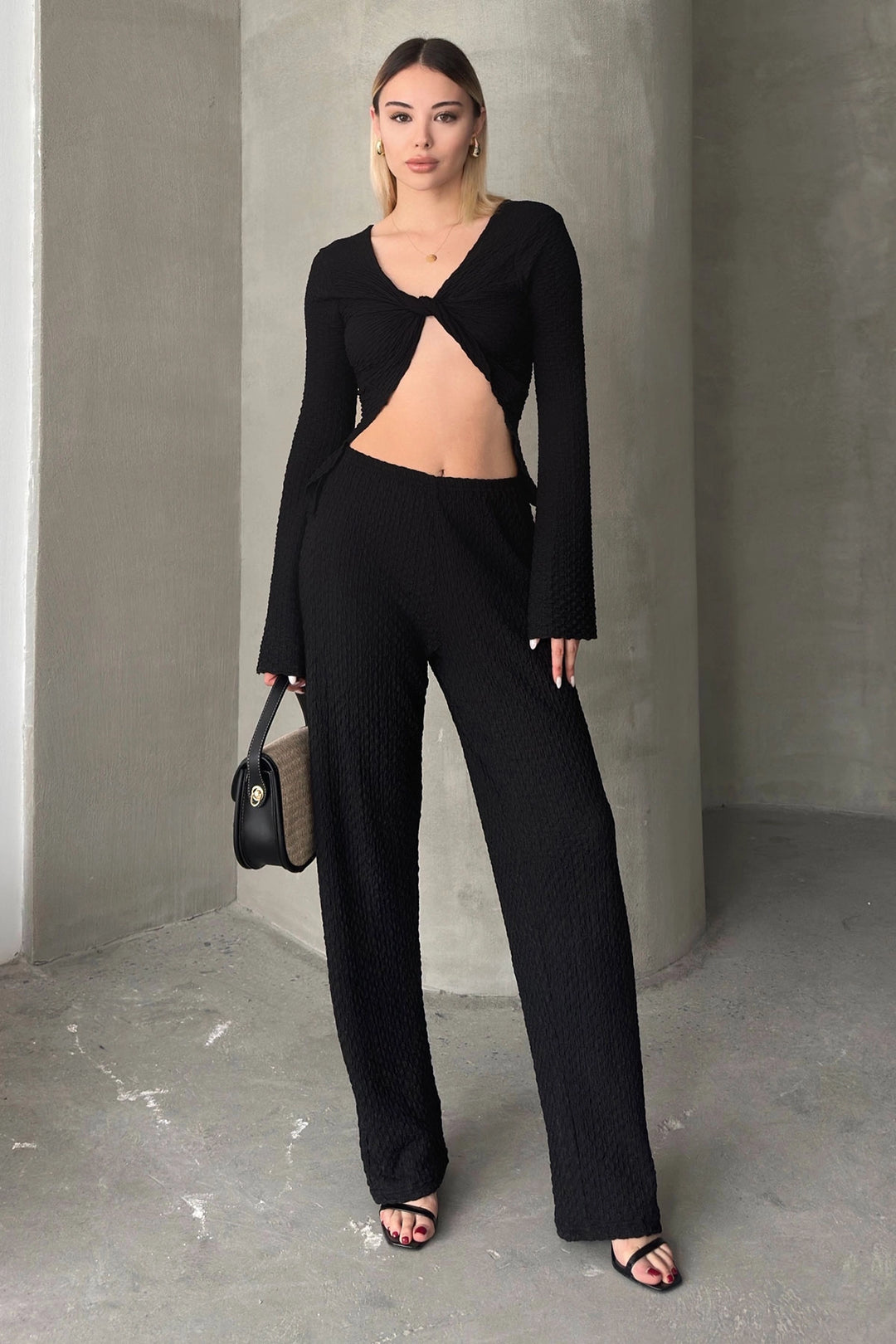 Black Spanish Arm Cold Shoulder Blouse and Palazzo Pants Set BCZK-25SA326-SA353 - Camden