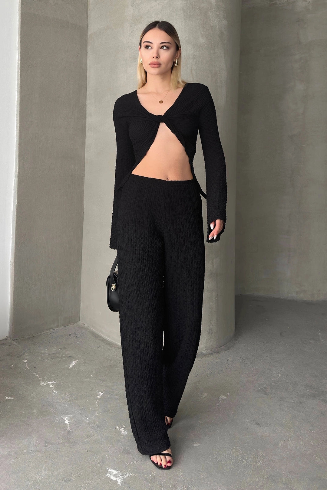 Black Spanish Arm Cold Shoulder Blouse and Palazzo Pants Set BCZK-25SA326-SA353 - Camden