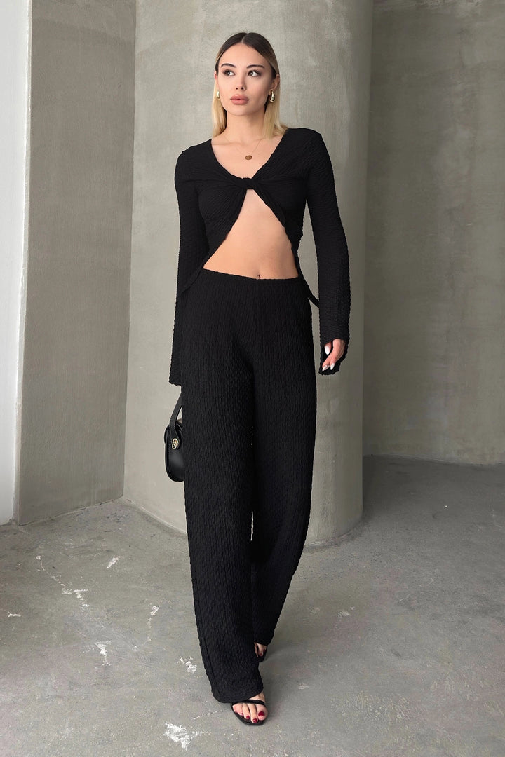 Black Spanish Arm Cold Shoulder Blouse and Palazzo Pants Set BCZK-25SA326-SA353 - Camden