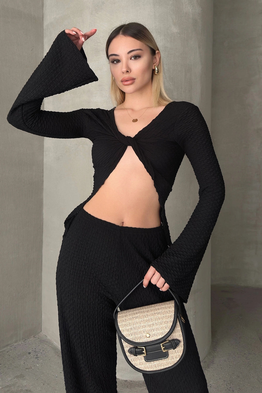 Black Spanish Arm Cold Shoulder Blouse and Palazzo Pants Set BCZK-25SA326-SA353 - Camden