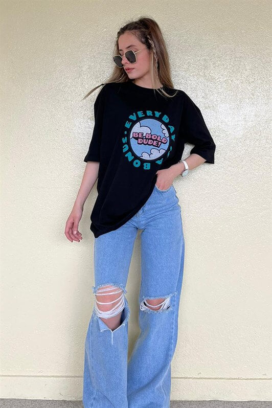MDX Woman Black Printed Oversize T-shirt MG948 - York