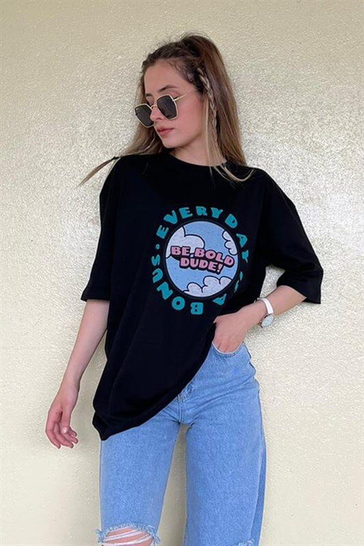 MDX Woman Black Printed Oversize T-shirt MG948 - York