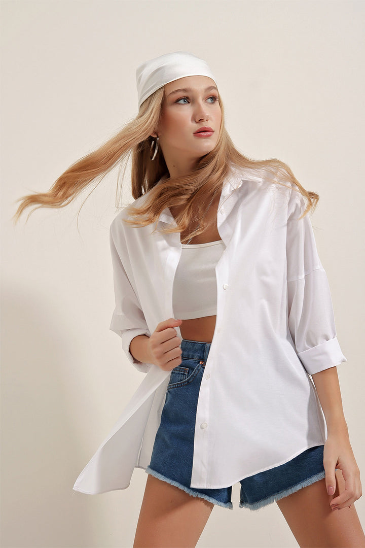 BGD Women Kadın Siyah Beyaz Oversize Basic Gömlek 3900 - Martina Franca