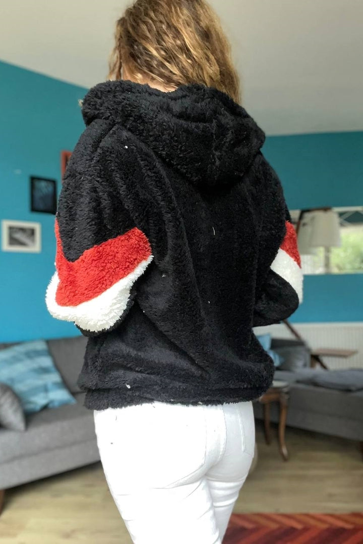 GNS Woman Black Hooded Color Block Plush Loose Sweatshirt 1St25 - Taunton
