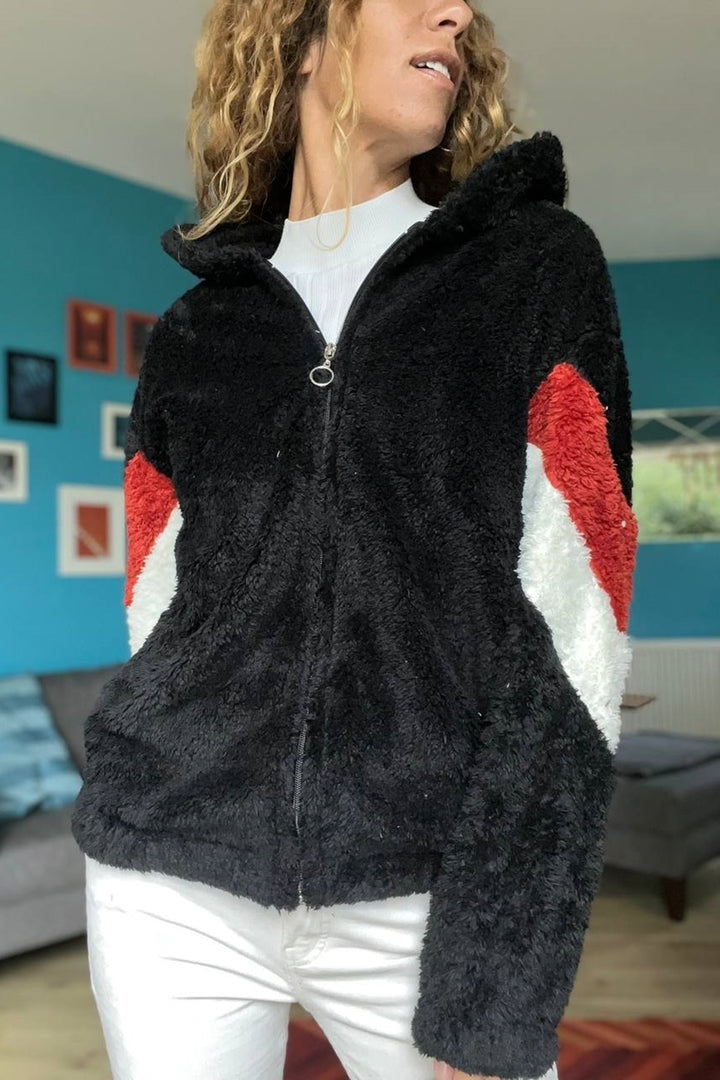 GNS Woman Black Hooded Color Block Plush Loose Sweatshirt 1St25 - Taunton