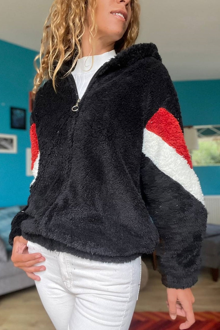 GNS Woman Black Hooded Color Block Plush Loose Sweatshirt 1St25 - Taunton
