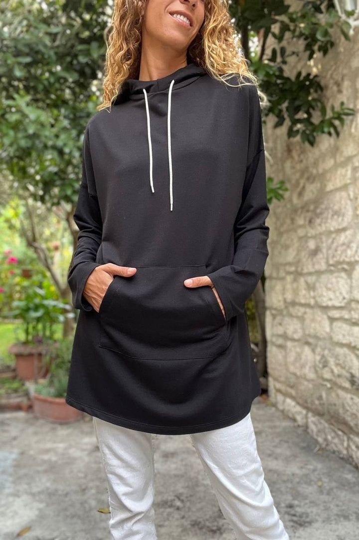 GNS Woman Black Hooded Kangaroo Pocket Long Baggy Sweatshirt Bst3476 - El Prat de Llobregat