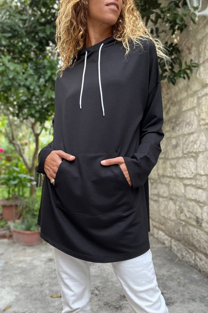 GNS Woman Black Hooded Kangaroo Pocket Long Baggy Sweatshirt Bst3476 - El Prat de Llobregat