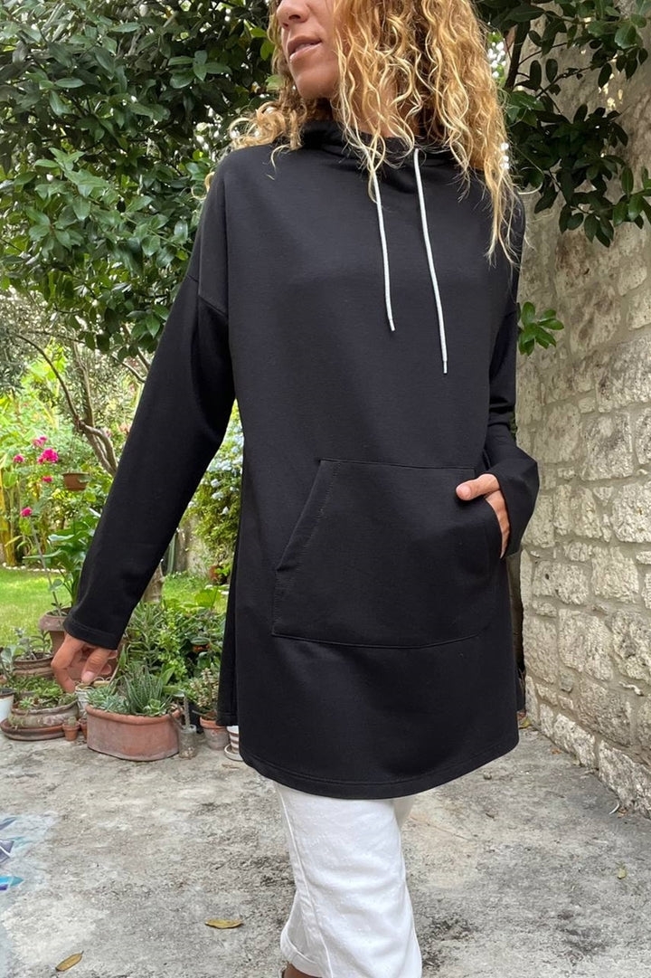 GNS Woman Black Hooded Kangaroo Pocket Long Baggy Sweatshirt Bst3476 - El Prat de Llobregat