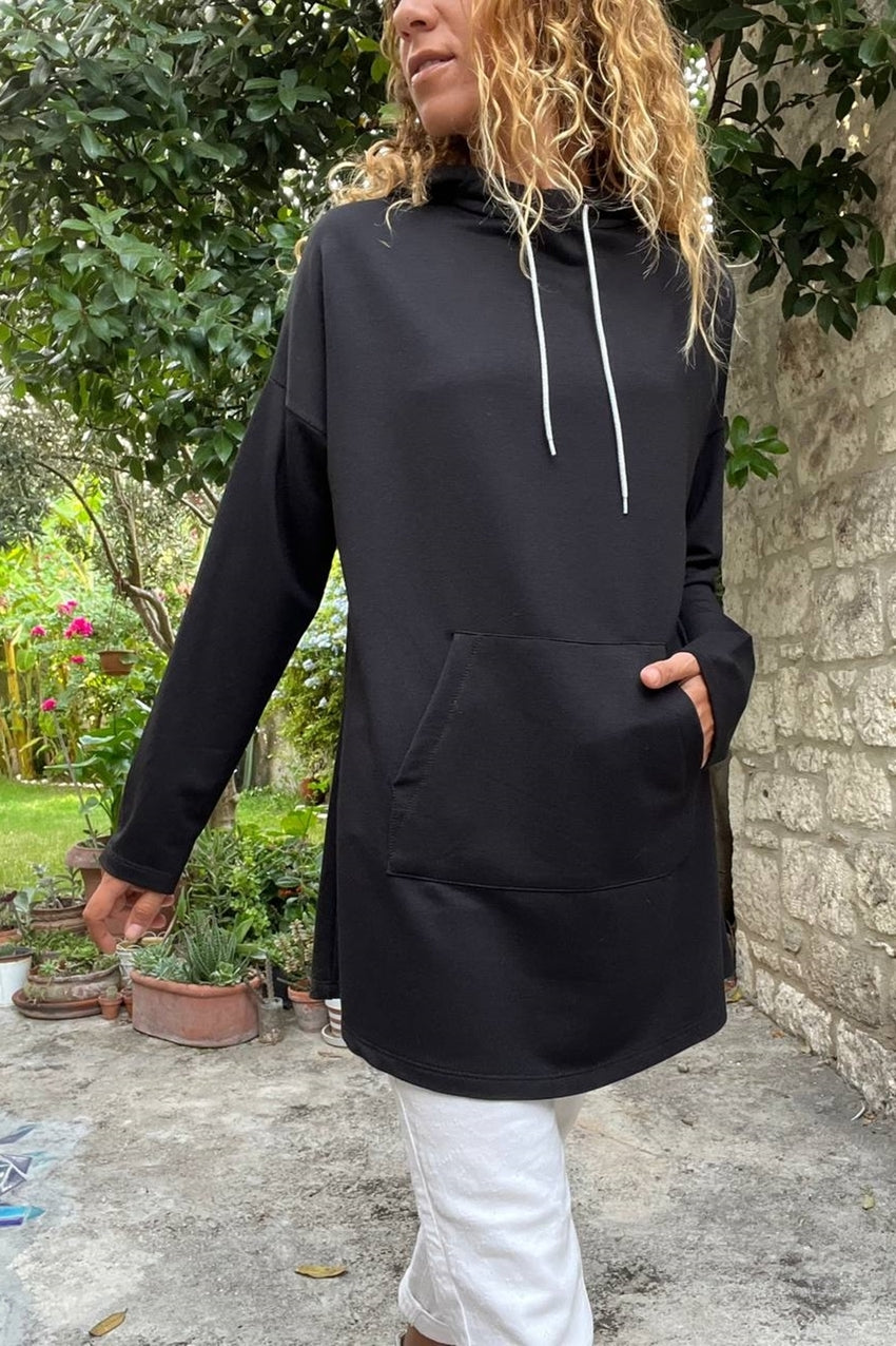 GNS Woman Black Hooded Kangaroo Pocket Long Baggy Sweatshirt Bst3476 - El Prat de Llobregat