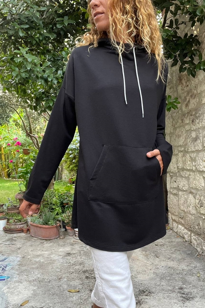 GNS Woman Black Hooded Kangaroo Pocket Long Baggy Sweatshirt Bst3476 - El Prat de Llobregat
