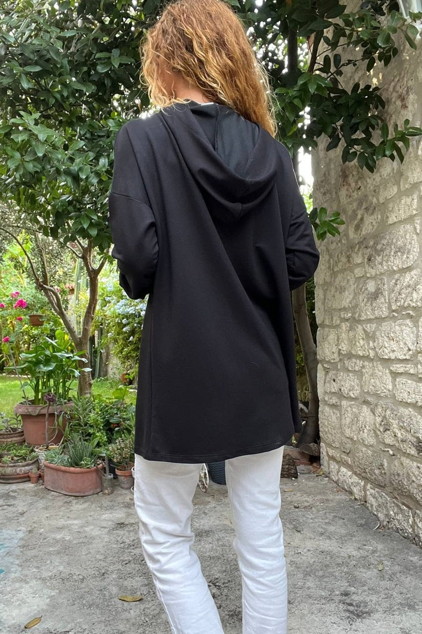 GNS Woman Black Hooded Kangaroo Pocket Long Baggy Sweatshirt Bst3476 - El Prat de Llobregat