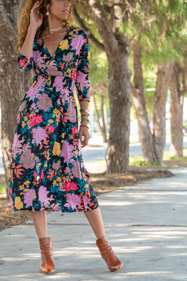 GNS Woman Black Wrap Floral Dress BST2259 - San Marcos