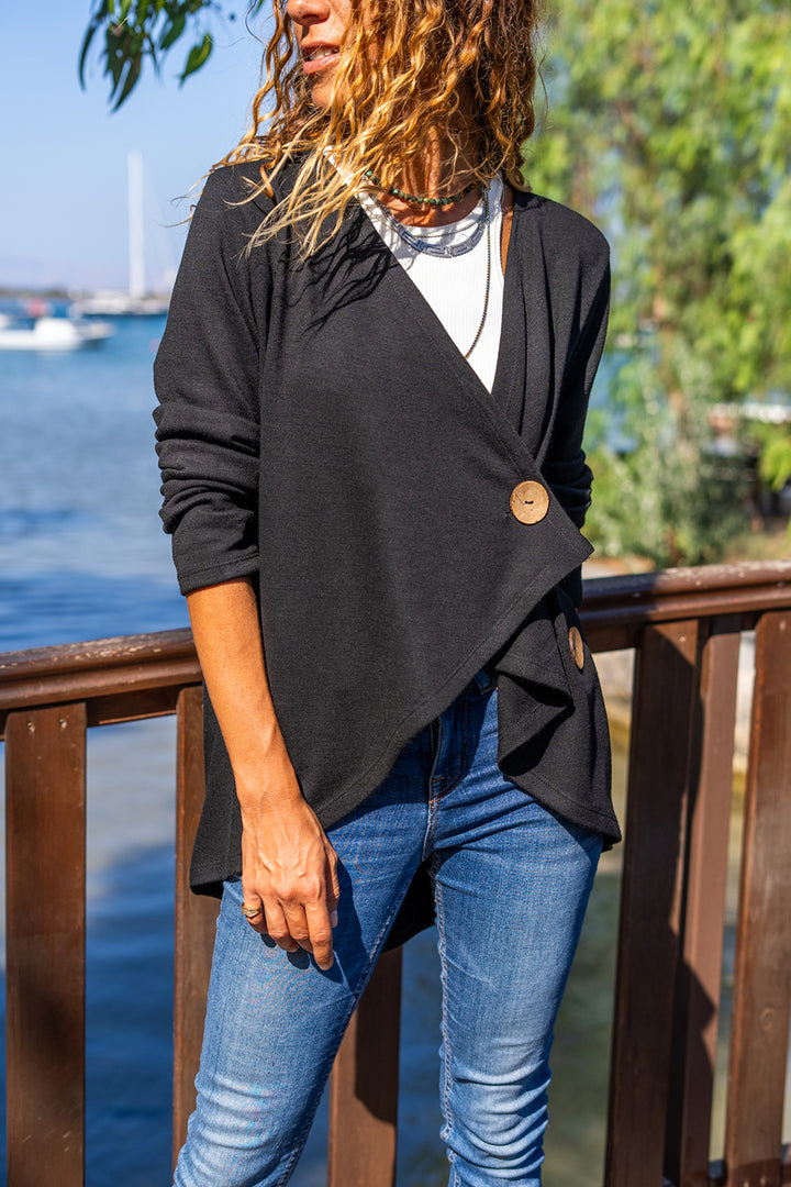 GNS Woman Black Shawl Collar Asymmetric Cut Buttoned Loose Cardigan Bst3328 - West Des Moines