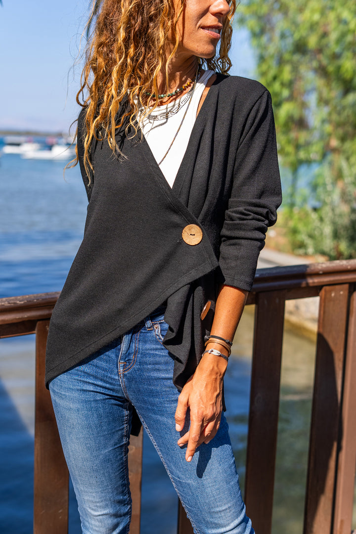GNS Woman Black Shawl Collar Asymmetric Cut Buttoned Loose Cardigan Bst3328 - West Des Moines
