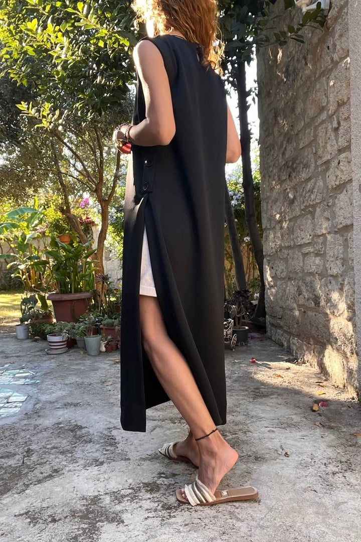 فستان تونيك طويل نسائي أسود بأزرار وفتحة جانبية من GNS BST700-3561 - Tezonapa