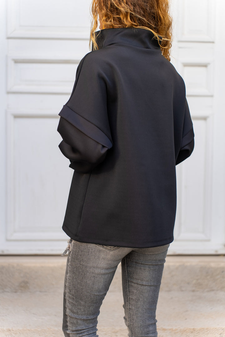 GNS Woman Black Collar Lace-Up Scuba Loose Sweatshirt 1St24 - Ciudad Valles