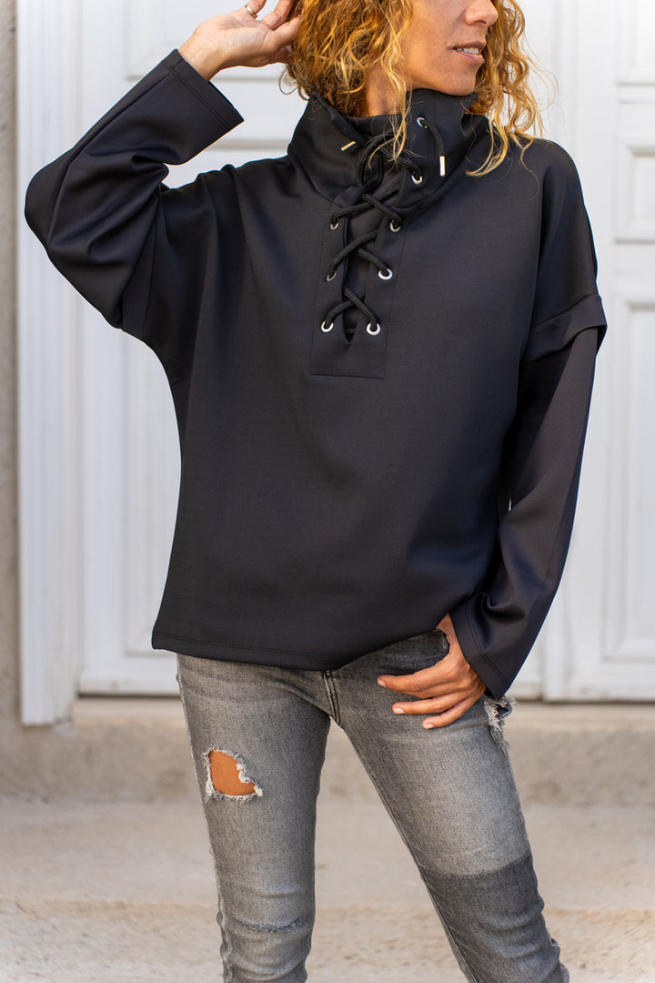 GNS Woman Black Collar Lace-Up Scuba Loose Sweatshirt 1St24 - Ciudad Valles