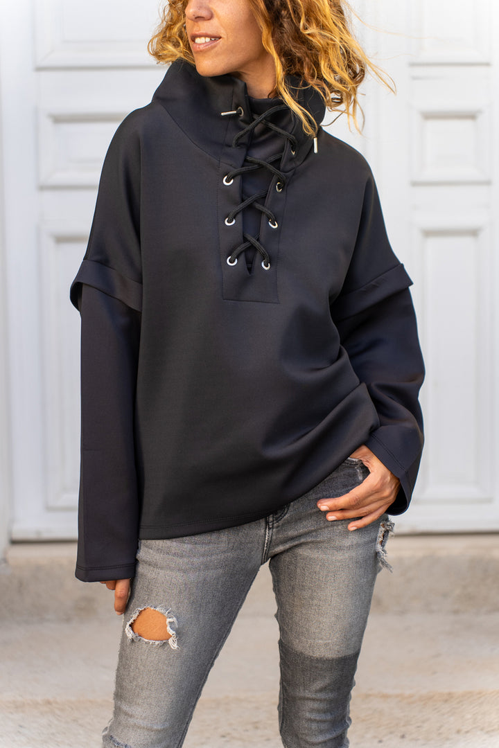 GNS Woman Black Collar Lace-Up Scuba Loose Sweatshirt 1St24 - Ciudad Valles