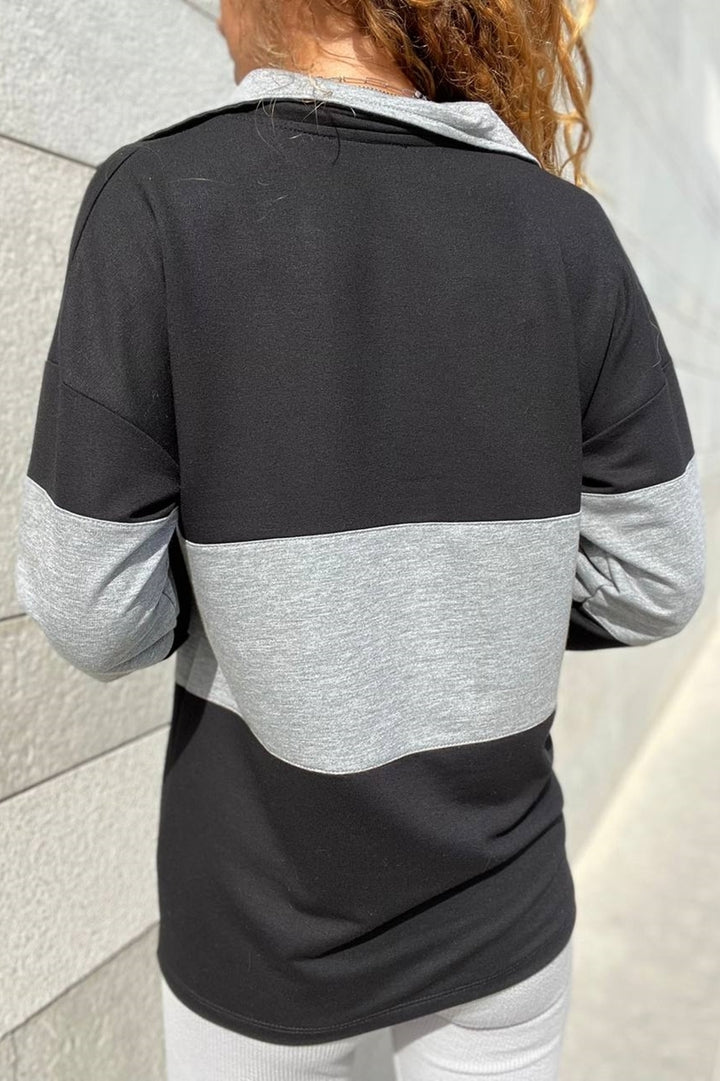 GNS Women's Black Collar Zippered Color Block Polo Neck Loose Fit Sweatshirt Bst3471 - Kaarst