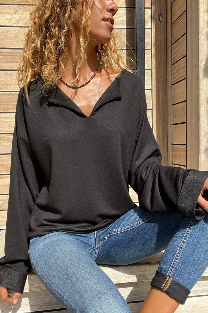GNS Woman Black Collar Slit Double Sleeve Loose Fit Sweatshirt Bst3470 - Atascocita
