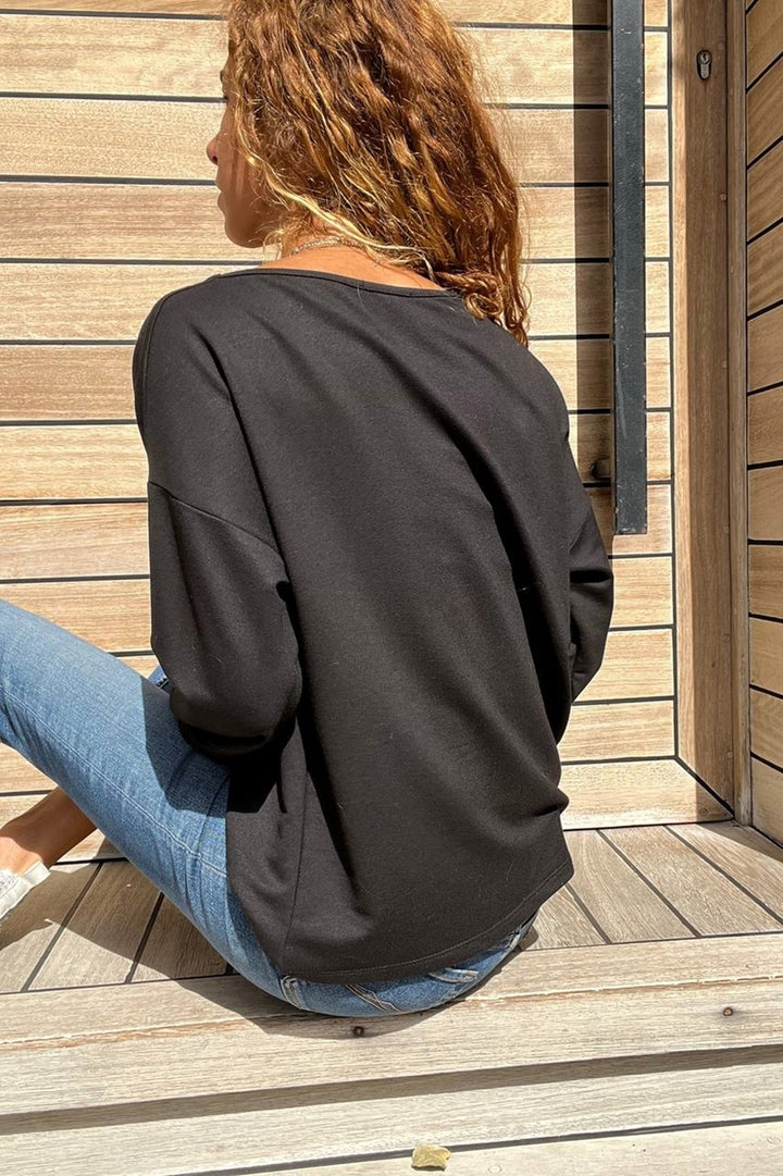 GNS Woman Black Collar Slit Double Sleeve Loose Fit Sweatshirt Bst3470 - Atascocita