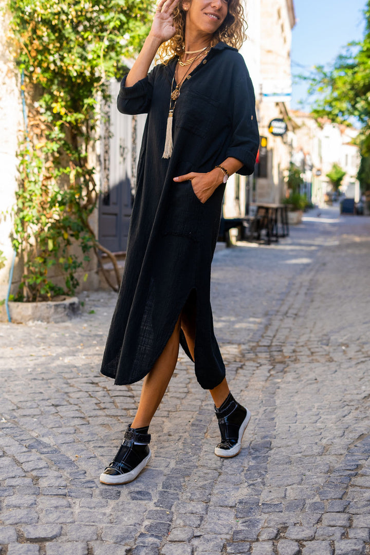 GNS Women's Black Washed Linen Half Buttoned Dress with Pockets GK-RSD2083 - Greenock