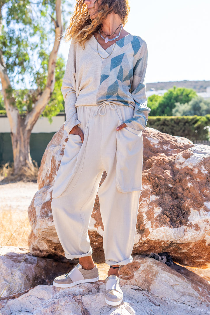 GNS Woman Stone Washed High Waist Belted Pocketed Baggy Pants Rsd3071 - Hesperia