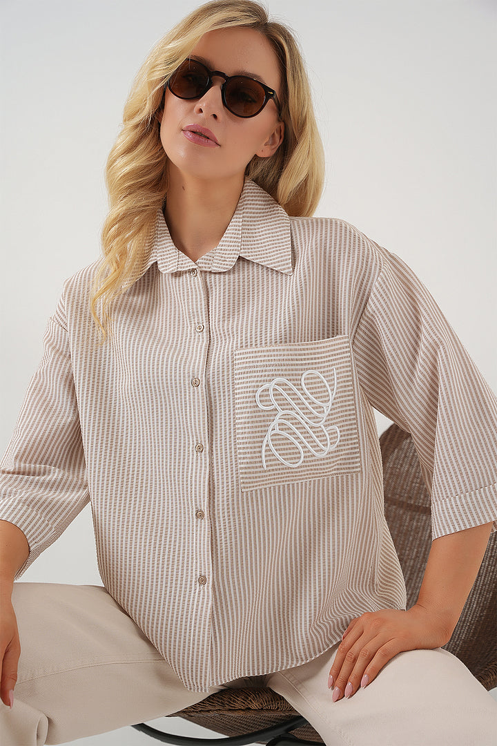BGD Women Woman Single Pocket Embroidered Shirt 20328 - Beige - Neubrandenburg