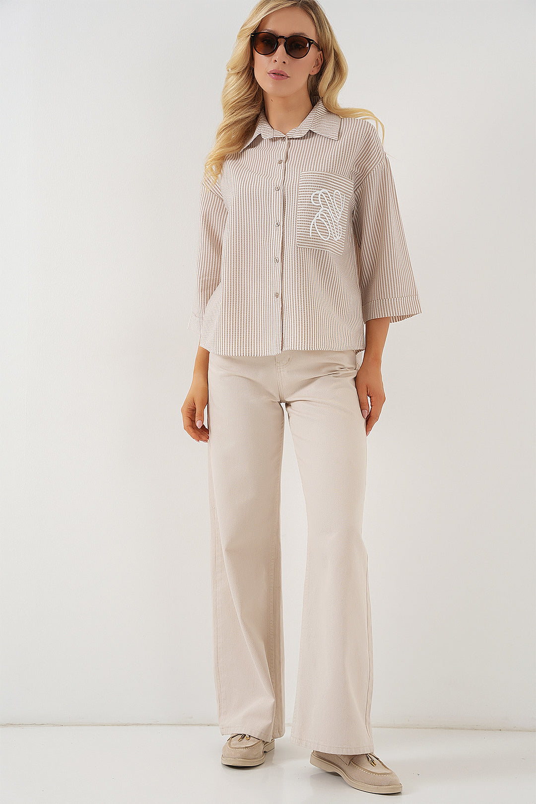 BGD Women Woman Single Pocket Embroidered Shirt 20328 - Beige - Neubrandenburg