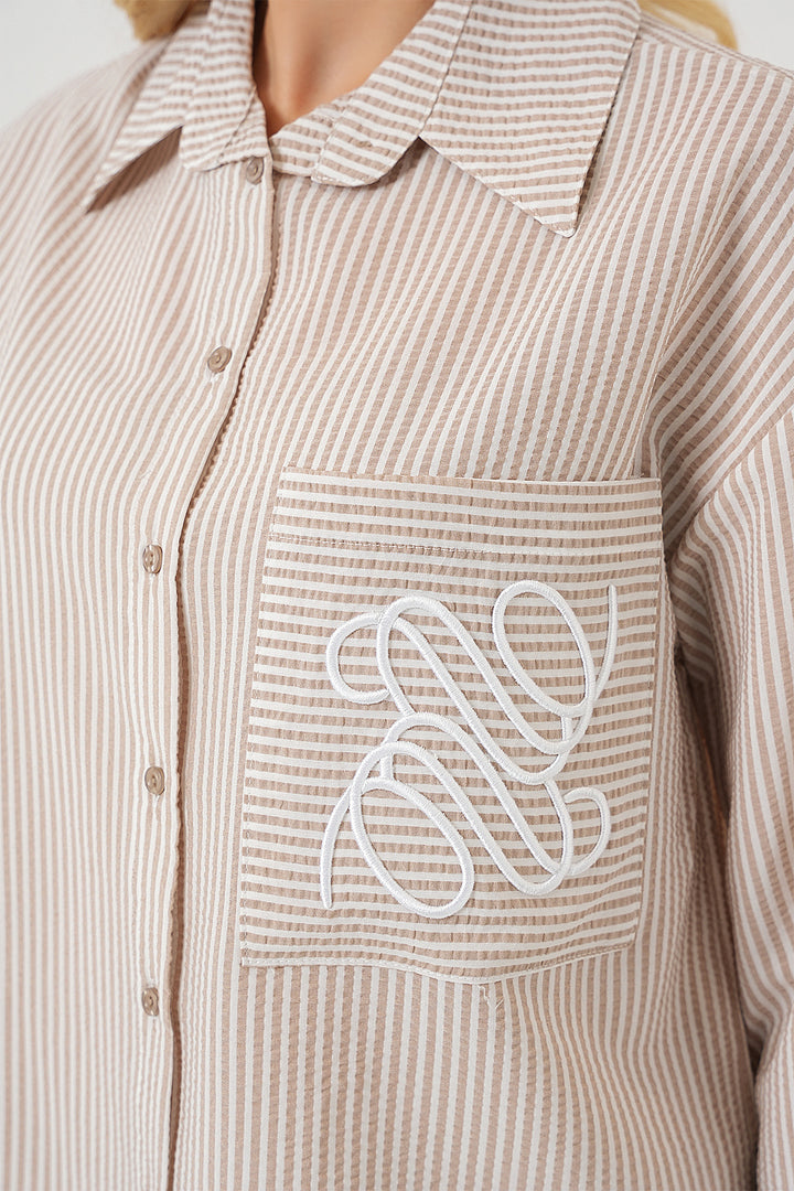 BGD Women Woman Single Pocket Embroidered Shirt 20328 - Beige - Neubrandenburg