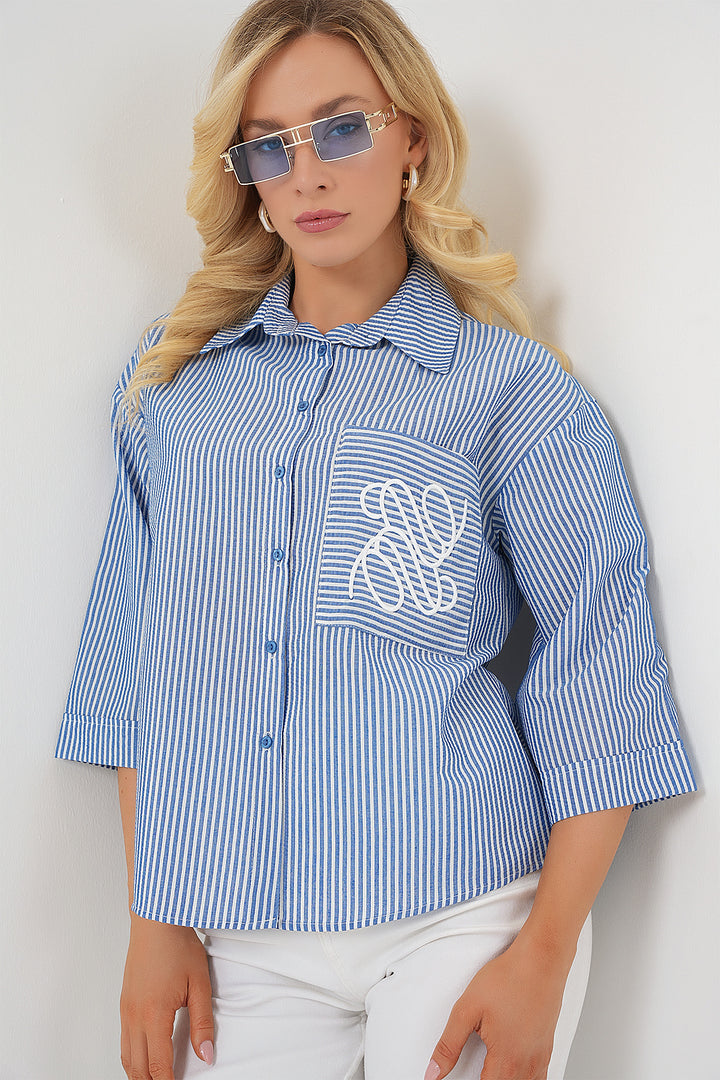 BGD Women Women's Single Pocket Embroidered Shirt 20328 - Navy Blue - Jūrmala
