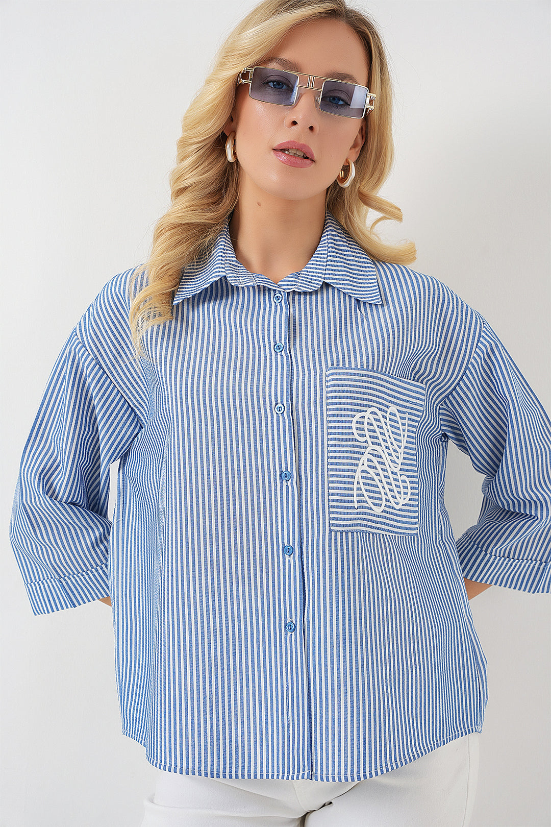 BGD Women Women's Single Pocket Embroidered Shirt 20328 - Navy Blue - Jūrmala