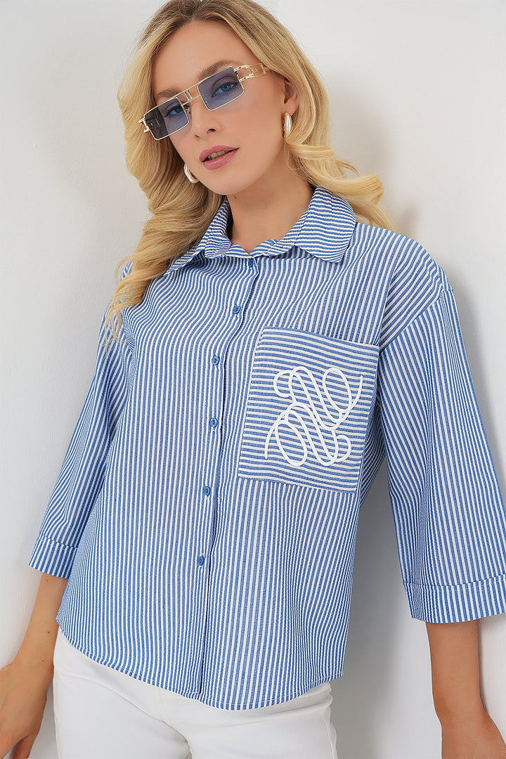 BGD Women Women's Single Pocket Embroidered Shirt 20328 - Navy Blue - Jūrmala