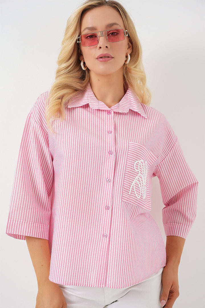 BGD Women Women's Single Pocket Embroidered Shirt 20328 - Pink - Velbert